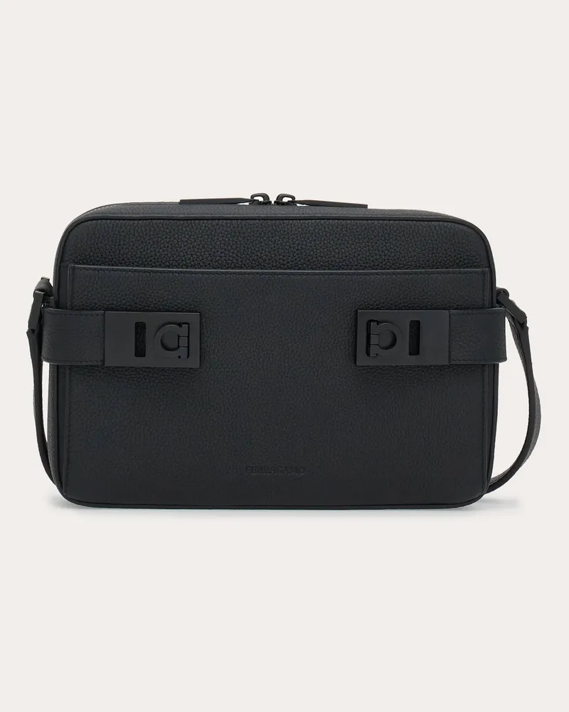 Ferragamo Herren East-West Umhängetasche mit Hug-Schnallen Schwarz Schwarz