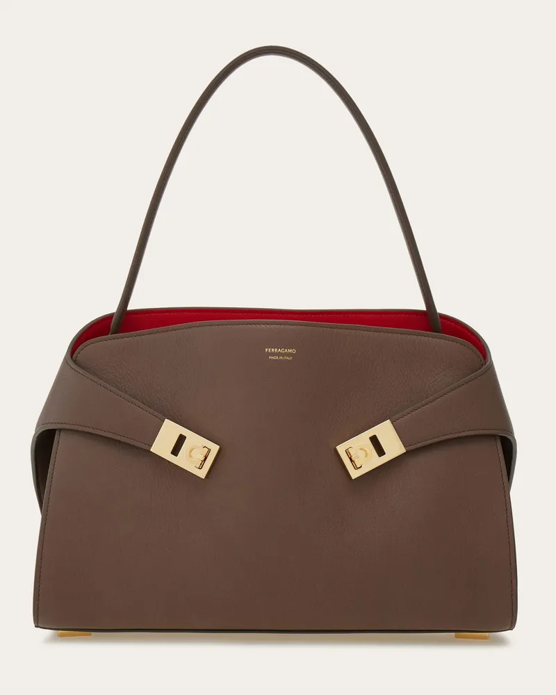 Ferragamo Damen Zweifarbige Schultertasche Hug Soft (M) Braun Braun