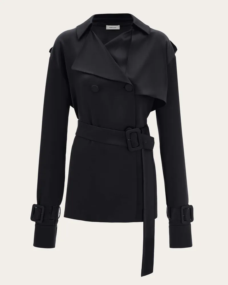 Ferragamo Damen Kurzer Trenchcoat aus Satin Schwarz Schwarz