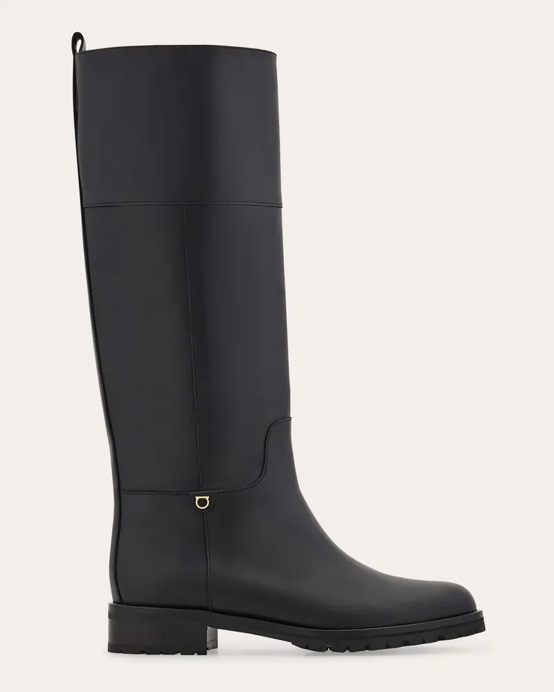 Ferragamo Damen Hoher Stiefel mit Gancini-Ornament Schwarz Größe 5 Schwarz