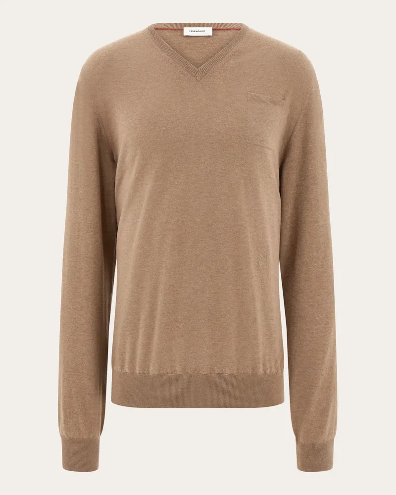 Ferragamo Herren Pullover mit Brusttasche Beige Braun