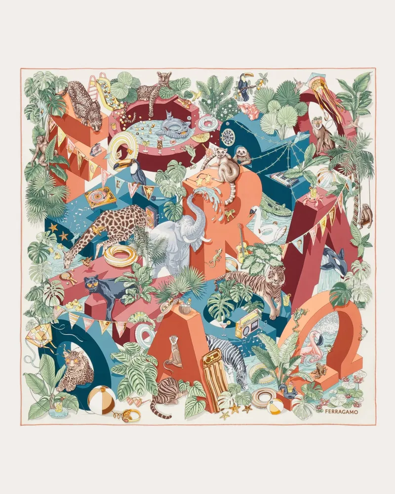 Ferragamo Damen Seidenhalstuch mit Jungle-Party-Print Orange Orange
