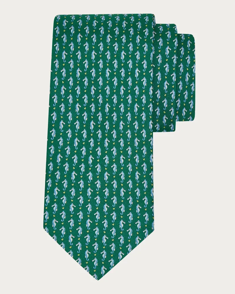 Ferragamo Herren Seidenkrawatte mit Seepferdchen-Print Grün Grün