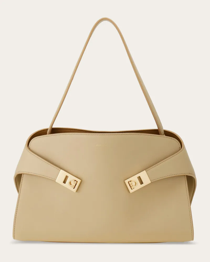 Ferragamo Damen Zweifarbige Schultertasche Hug Soft (M) Beige Braun