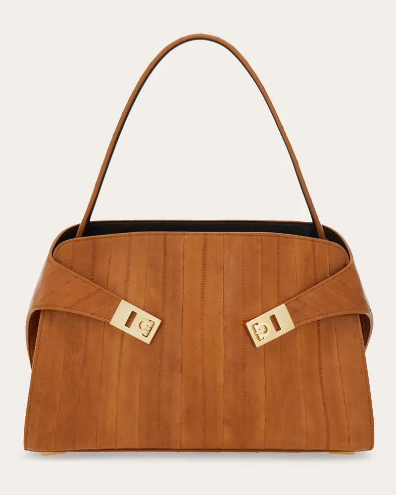 Ferragamo Damen Zweifarbige Schultertasche Hug Soft (M) Beige Braun