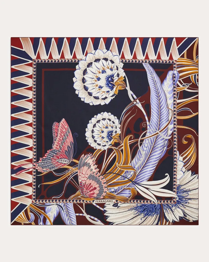 Ferragamo Damen Seidenhalstuch mit Blumen und Schmetterlinge-Print Blau Blau