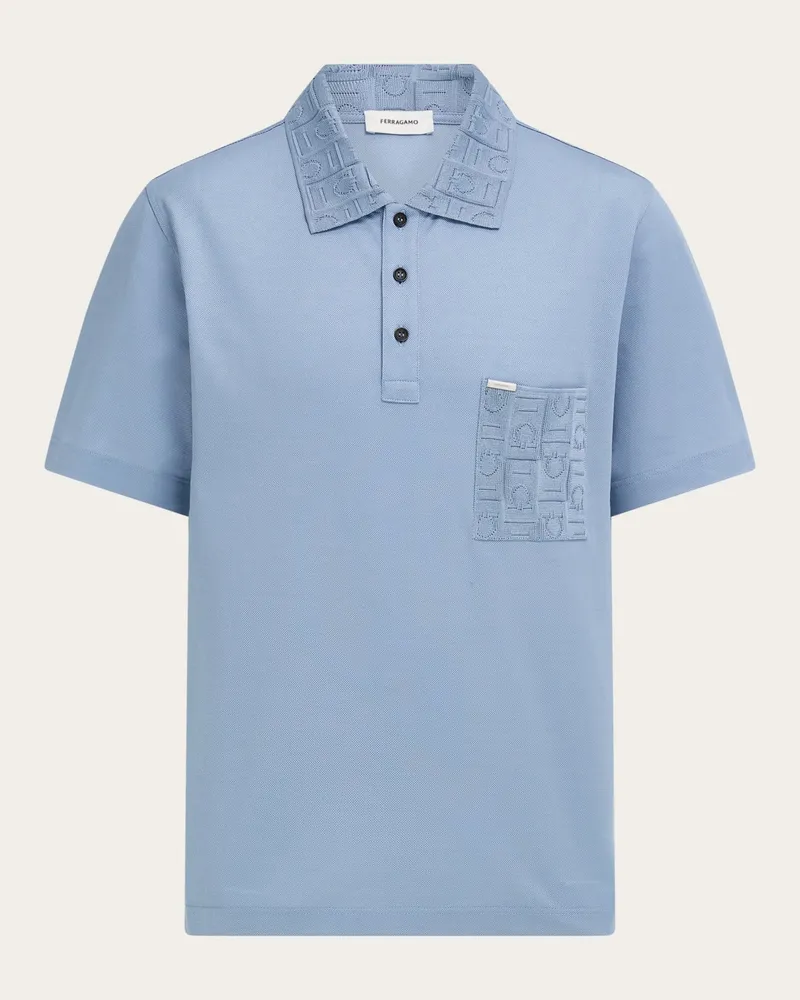 Ferragamo Herren Kurzärmliges Polohemd mit Brusttasche Blau Blau