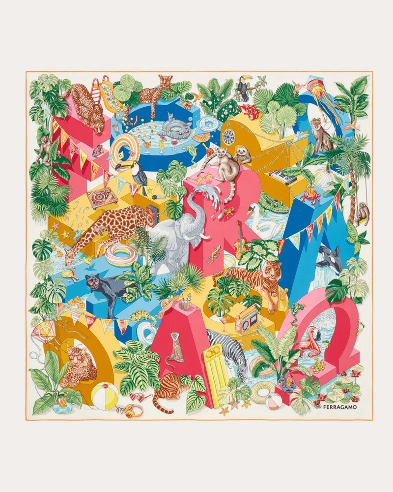 Ferragamo Damen Seidenhalstuch mit Jungle-Party-Print Mehrfarbig Mehrfarbig