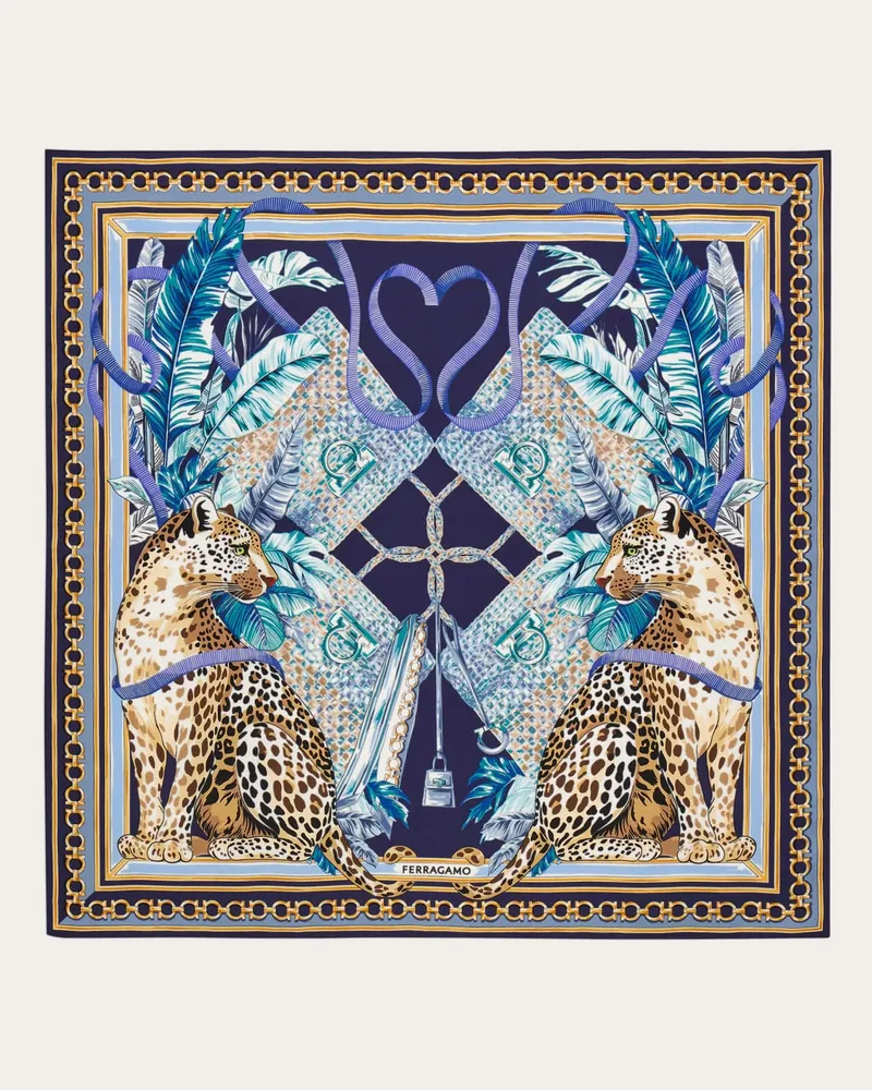 Ferragamo Damen Seidenhalstuch mit Raubkatzen-Print Blau Blau