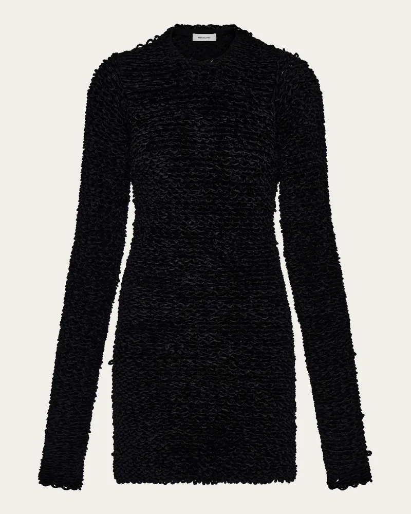 Ferragamo Damen Kurzes Strickkleid in Persianer-Optik Schwarz Schwarz