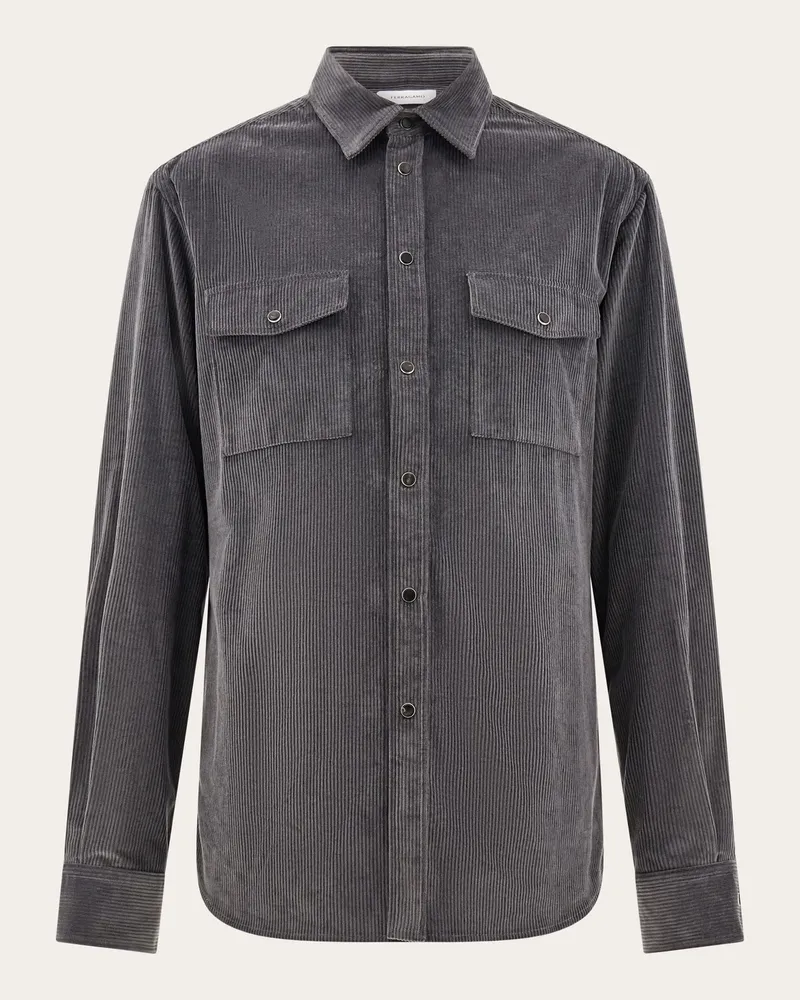 Ferragamo Herren Gestreiftes Hemd aus Samt Grau Grau