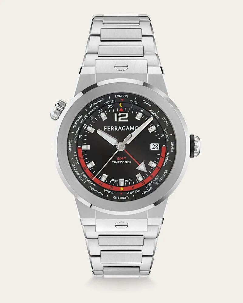 Ferragamo Herren F-80 gmt Uhr Schwarz Schwarz
