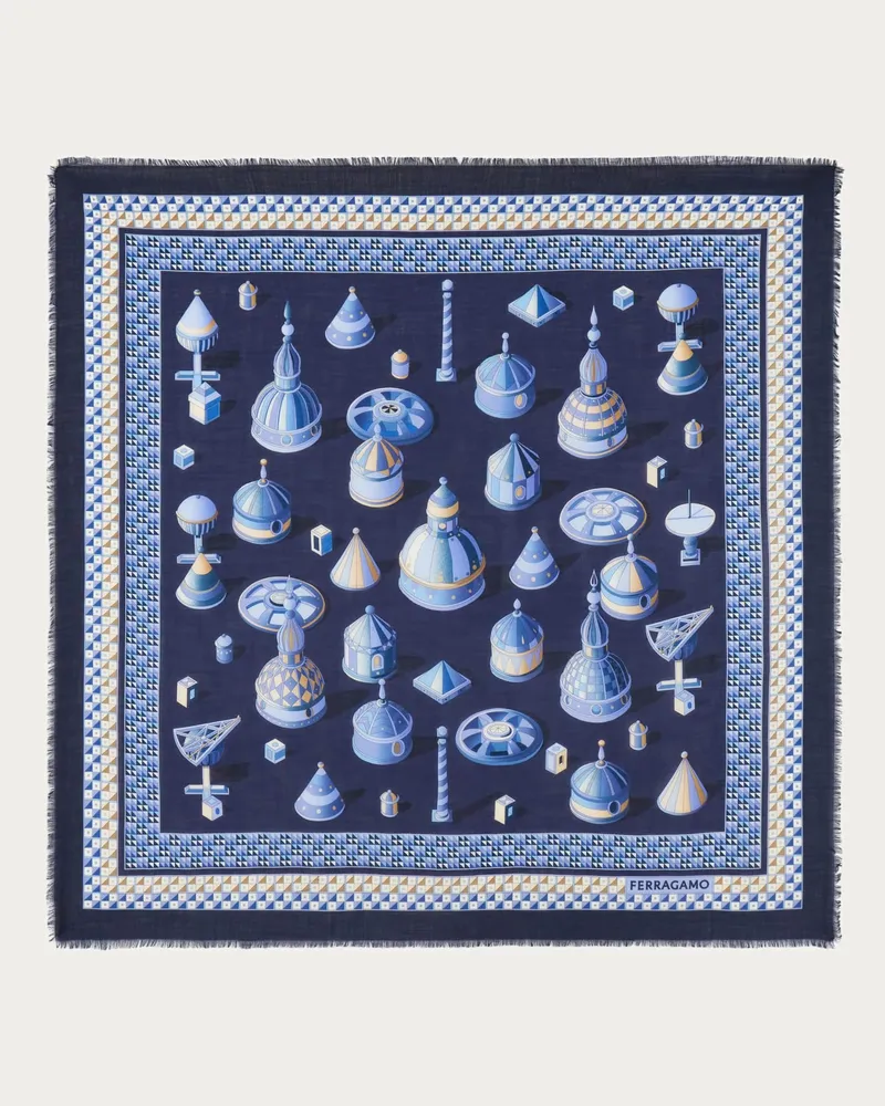 Ferragamo Damen Schultertuch aus Kaschmir mit Renaissance-Geometrien-Print Blau Blau