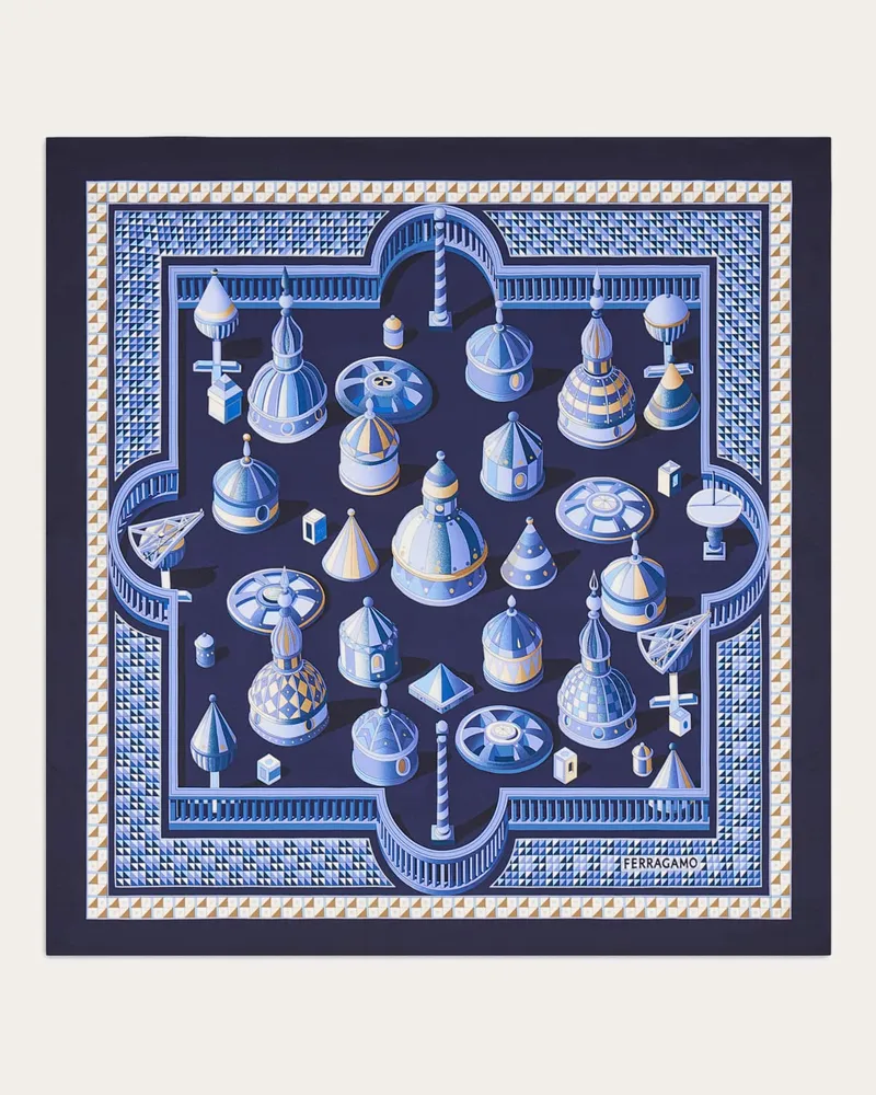 Ferragamo Damen Seidenhalstuch mit Renaissance-Geometrien-Print Blau Blau
