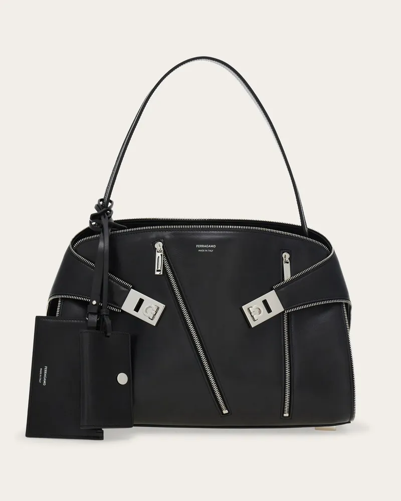 Ferragamo Damen Hug Soft Schultertasche Multi-zip (M) Schwarz Schwarz
