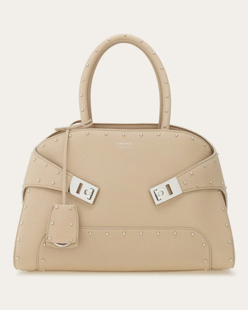 Ferragamo Damen Hug-Handtasche mit Nieten (M) Beige Braun