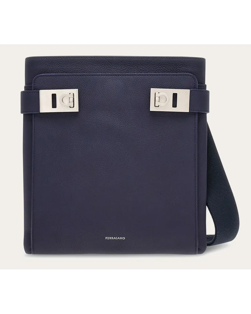 Ferragamo Herren North-South Umhängetasche mit Gancini-Schnallen Blau Blau