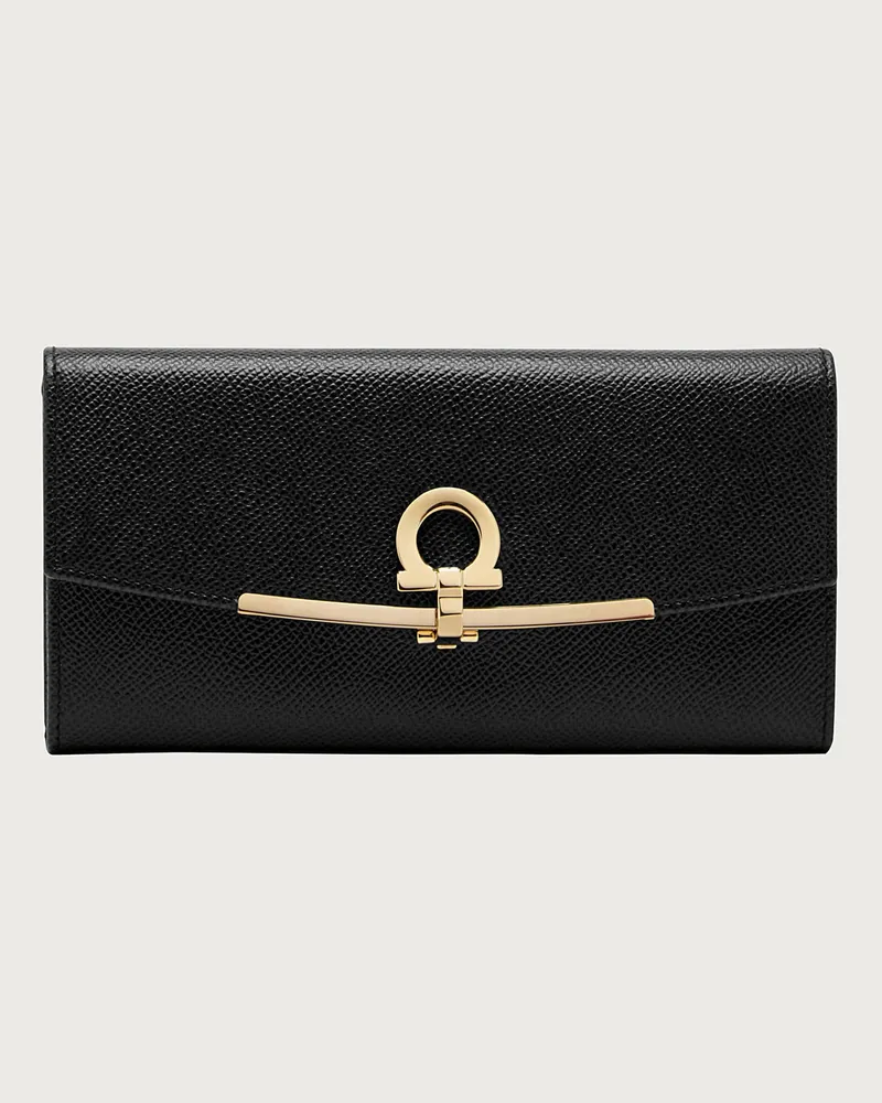 Ferragamo Damen Brieftasche Kontinentalformat mit Gancini-Element Schwarz Schwarz