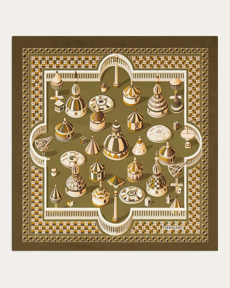 Ferragamo Damen Seidenhalstuch mit Renaissance-Geometrien-Print Grün Grün