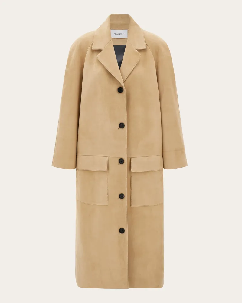 Ferragamo Damen Einreihiger Mantel aus Veloursleder Beige Beige