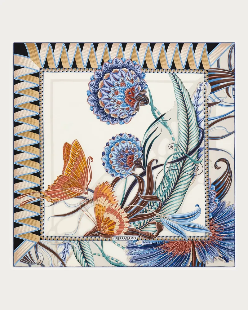 Ferragamo Damen Seidenhalstuch mit Blumen und Schmetterlinge-Print Blau Blau