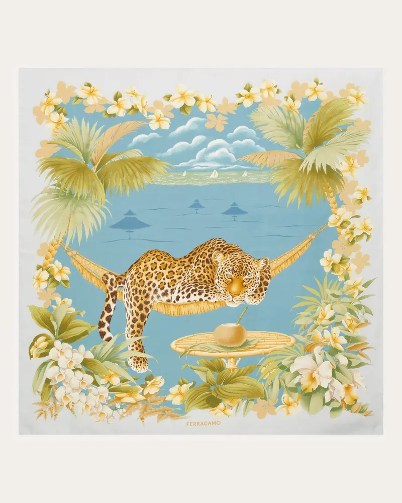Ferragamo Damen Seidenhalstuch mit Jungle-Print Blau Blau