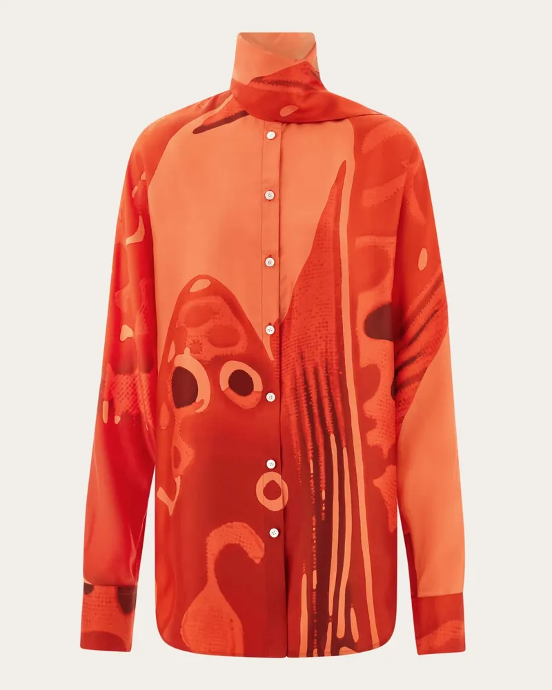 Ferragamo Damen Bluse aus Seide mit Halstuch-Detail und Fish-Print Rot Rot