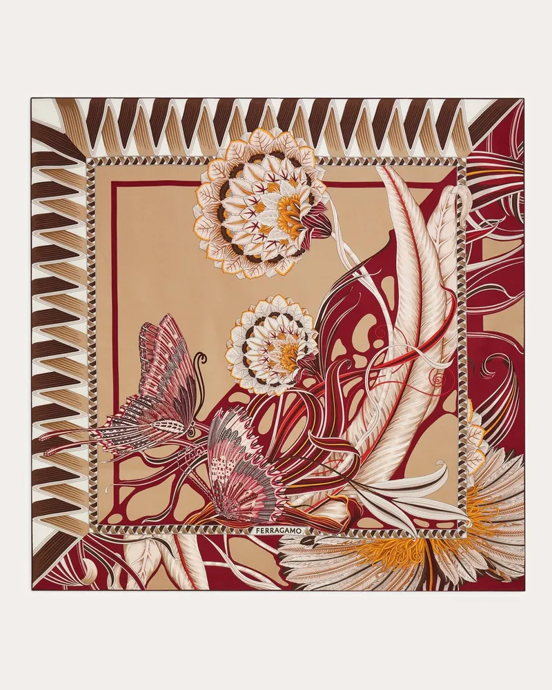 Ferragamo Damen Seidenhalstuch mit Blumen und Schmetterlinge-Print Beige Beige