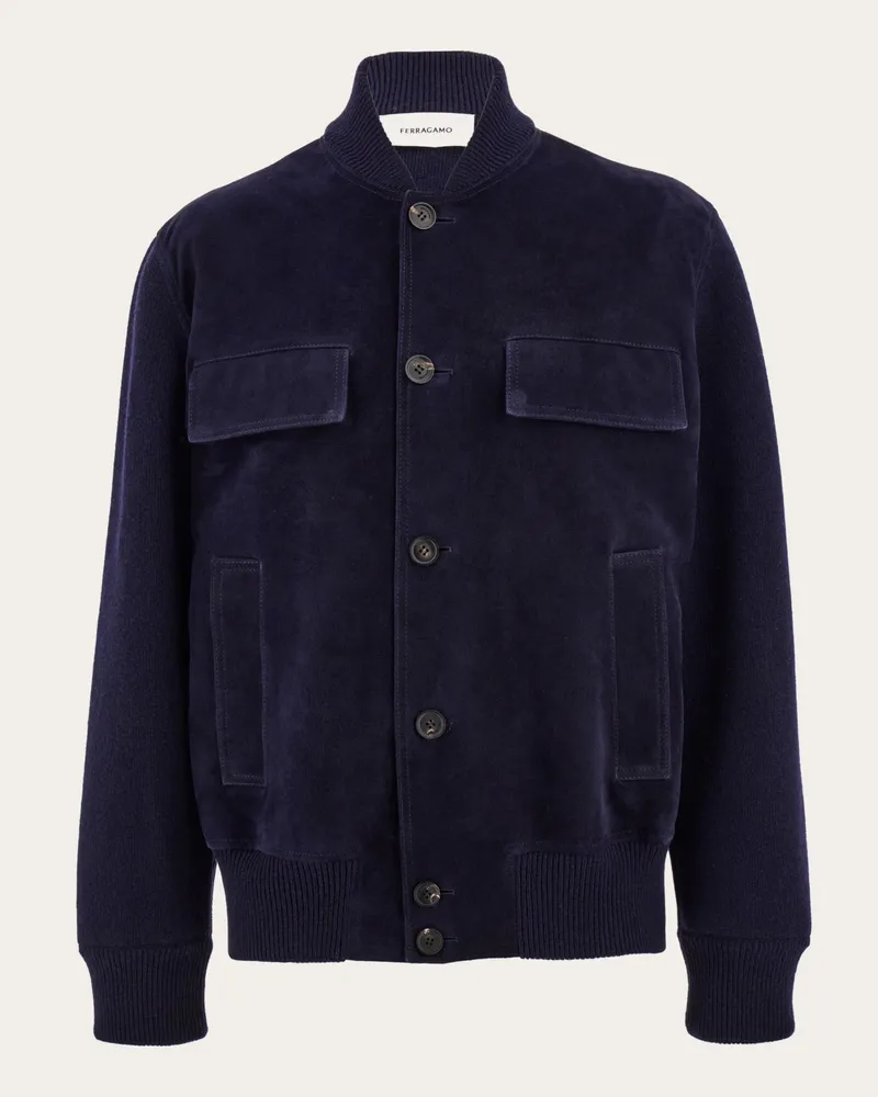 Ferragamo Herren Bomberjacke aus Veloursleder und Strickware Blau Blau
