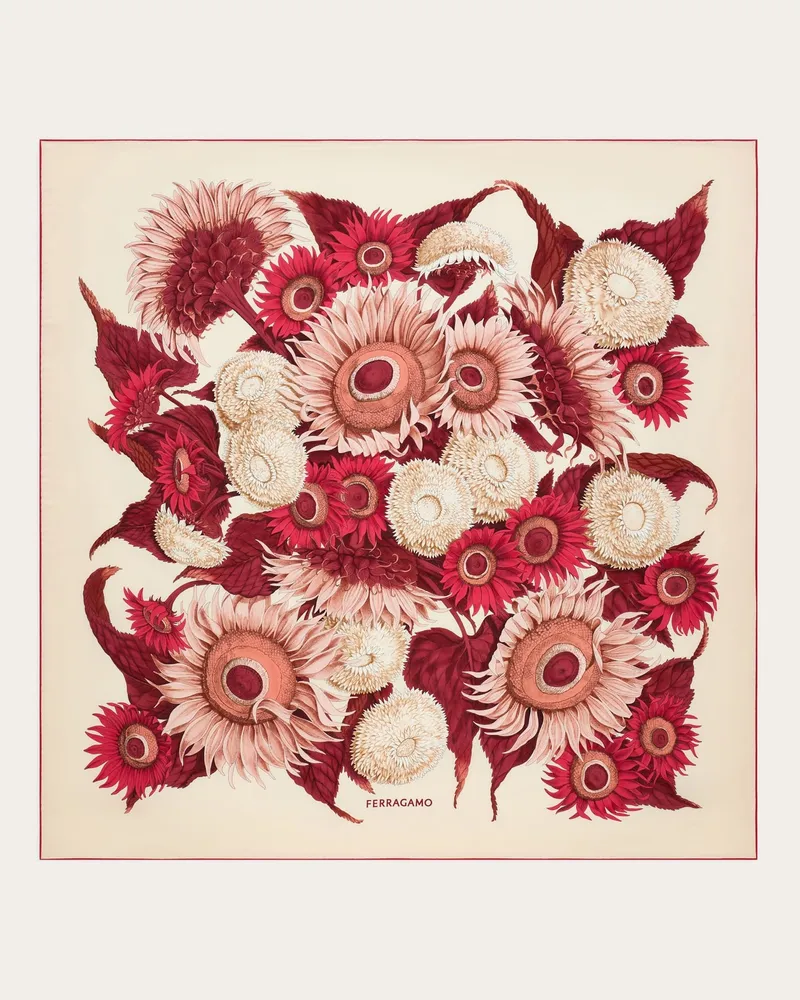 Ferragamo Damen Seidenhalstuch mit Sonnenblumen-Print Rot Rot