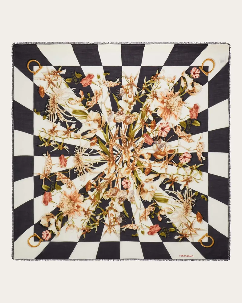 Ferragamo Damen Schultertuch mit Blüte-Print Schwarz Schwarz