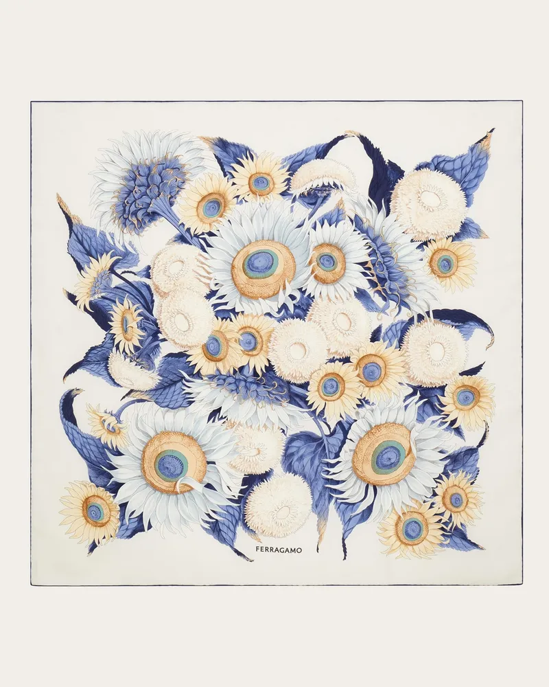 Ferragamo Damen Seidenhalstuch mit Sonnenblumen-Print Weiß Weiß