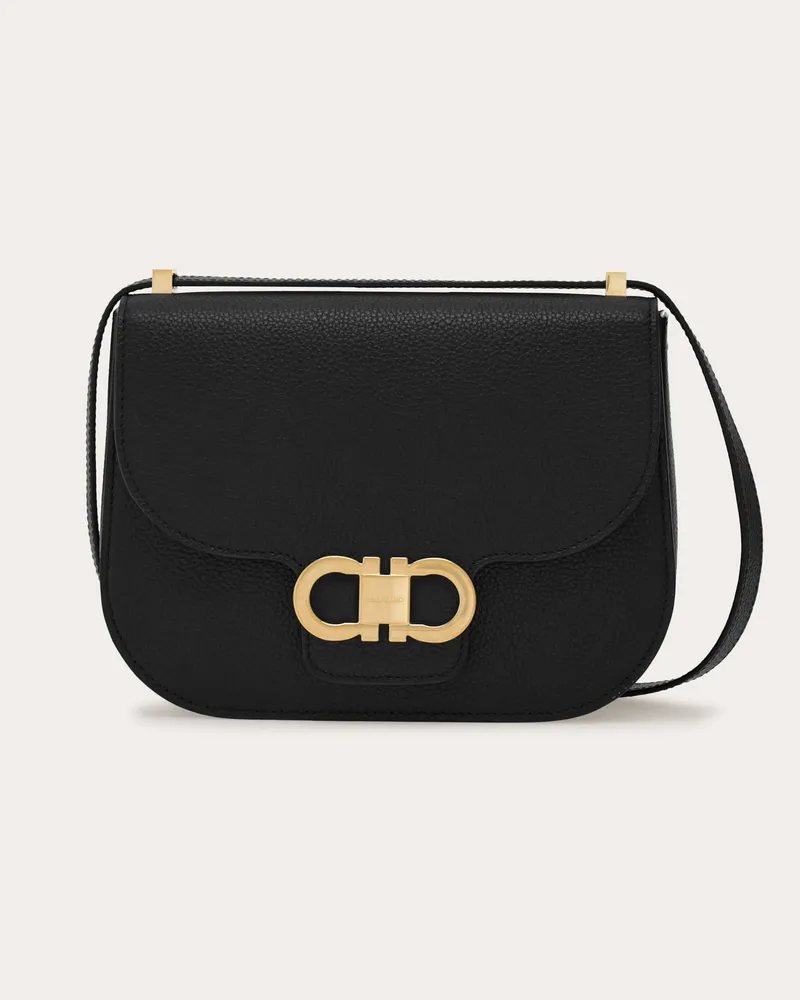 Ferragamo Damen North-South Umhängetasche Doppel-Gancini Schwarz Schwarz