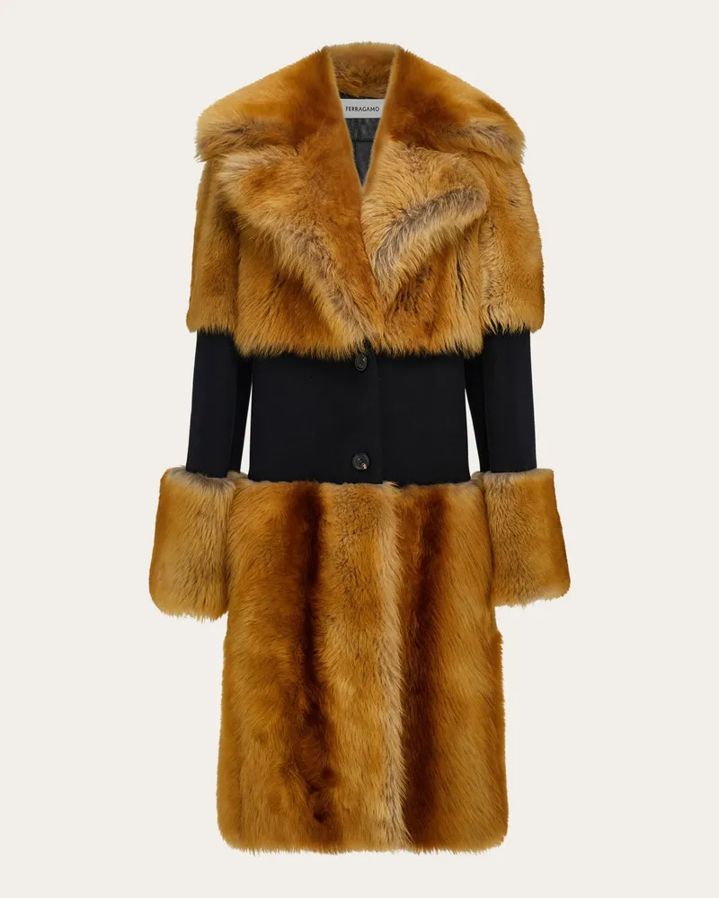 Ferragamo Damen Lammfellmantel mit Einsatz Beige Braun