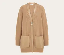 Damen Maxi-Strickjacke mit Lederkanten Beige