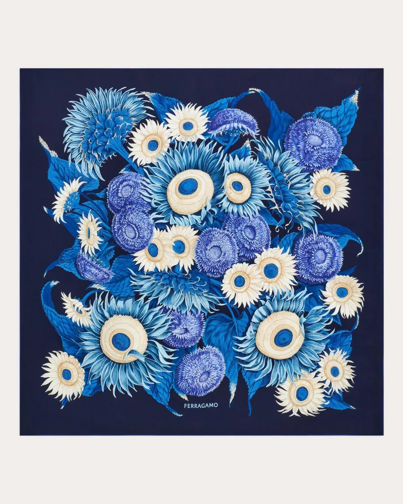 Ferragamo Damen Seidenhalstuch mit Sonnenblumen-Print Blau Blau