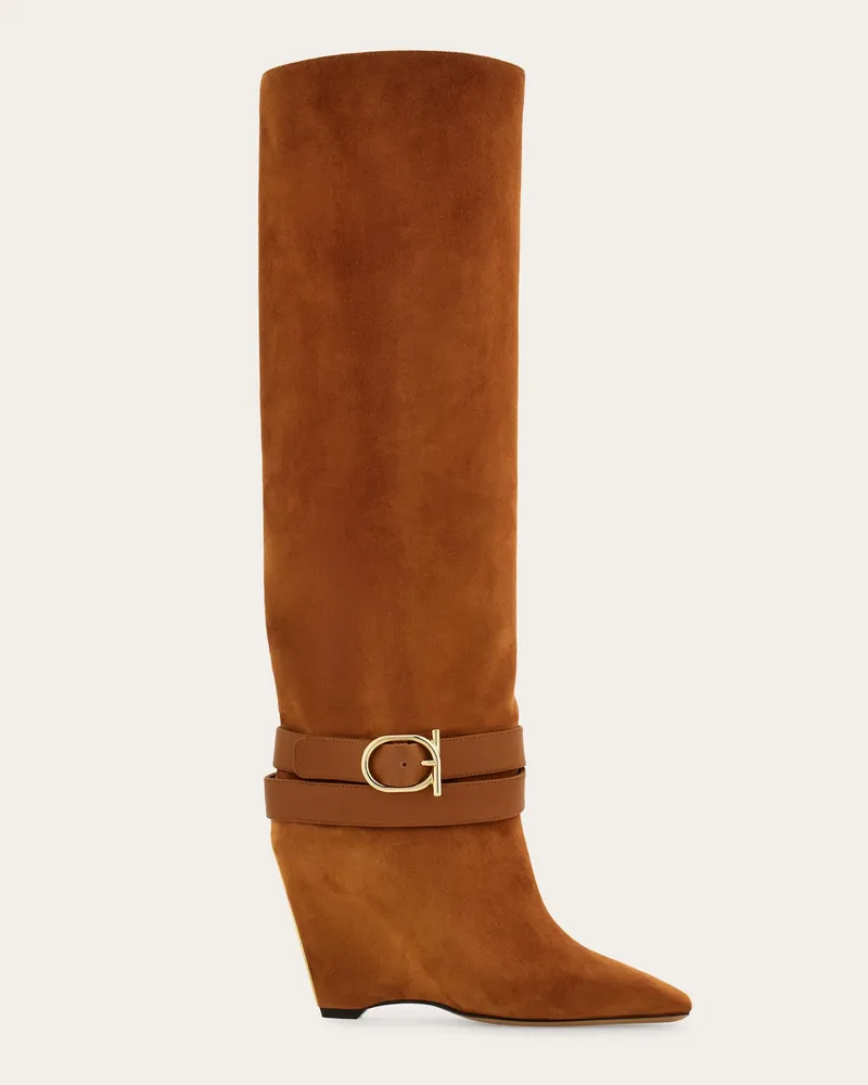 Ferragamo Damen Plateau-Stiefel Beige Größe 5 Braun