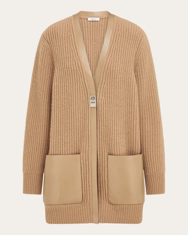 Ferragamo Damen Maxi-Strickjacke mit Lederkanten Beige Braun
