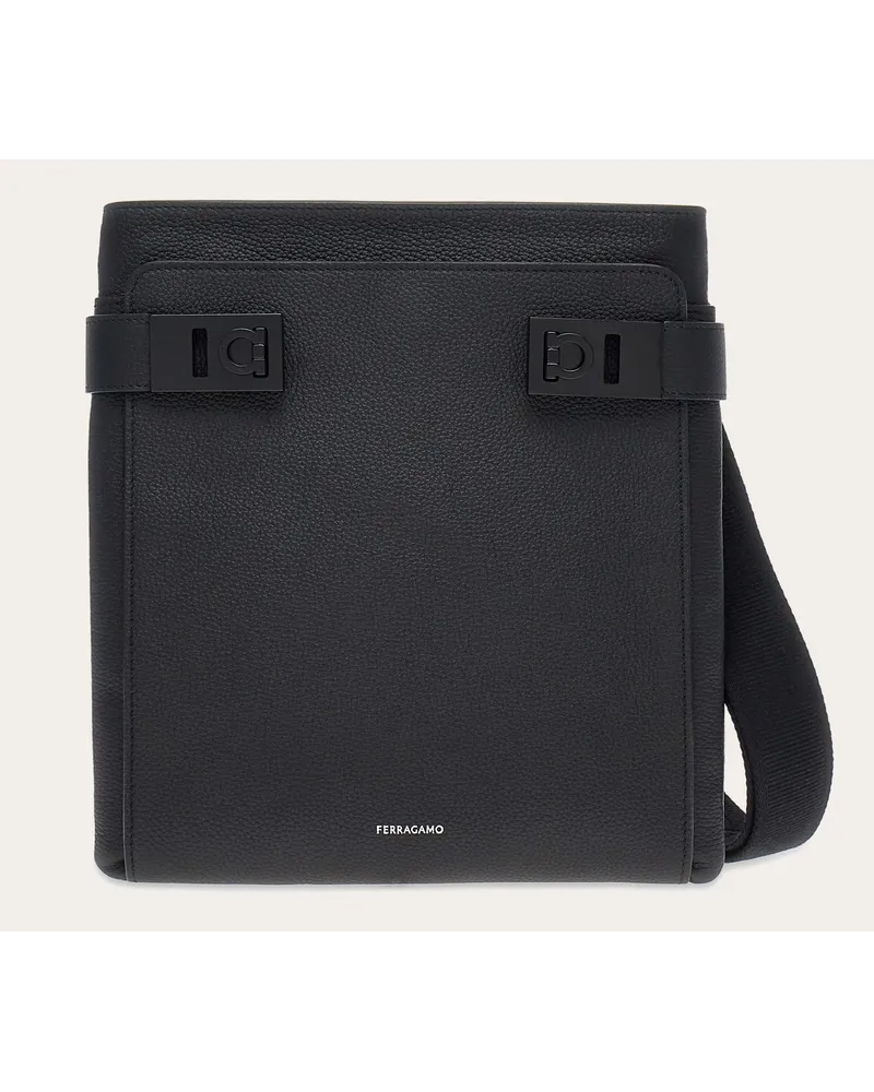 Ferragamo Herren North-South Umhängetasche mit Gancini-Schnallen Schwarz Schwarz