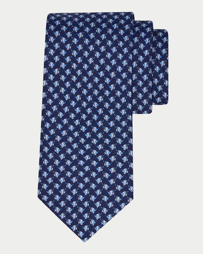 Ferragamo Herren Seidenkrawatte mit kleinem Fischmuster Blau Blau