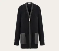 Damen Maxi-Cardigan mit Ledereinfassungen Schwarz
