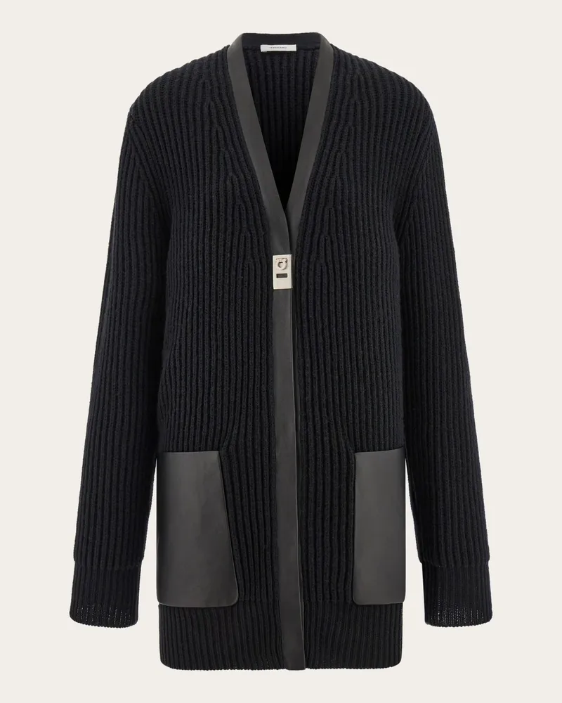 Ferragamo Damen Maxi-Cardigan mit Ledereinfassungen Schwarz Schwarz
