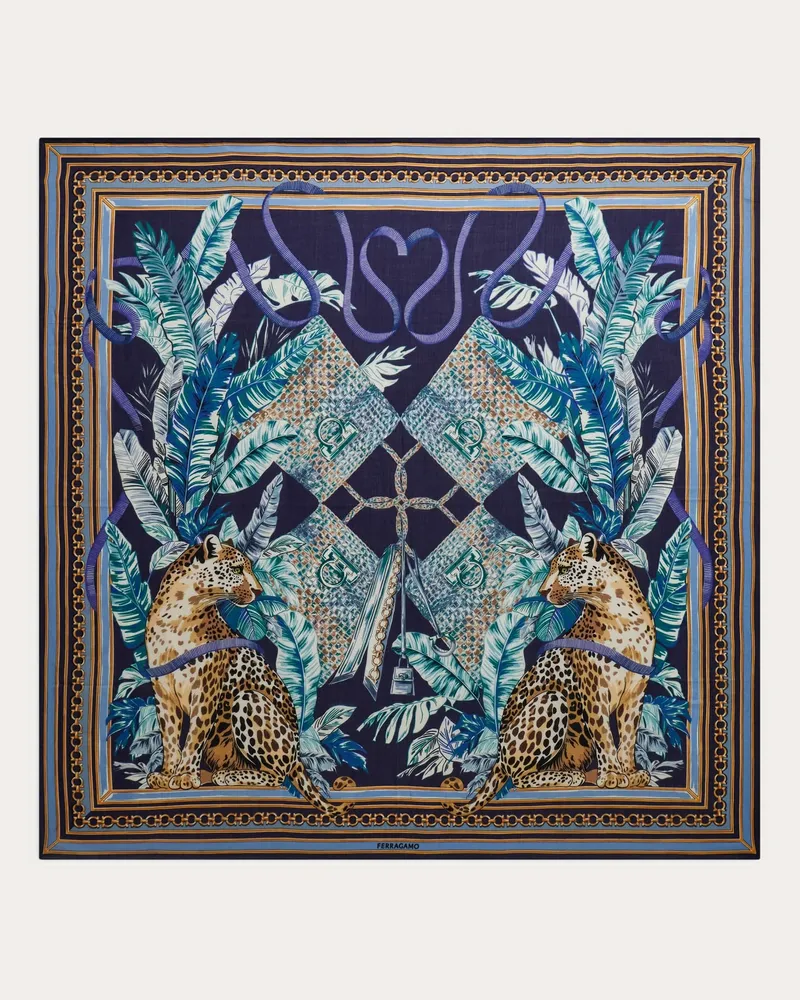 Ferragamo Damen Schultertuch aus Kaschmir mit Raubkatzen-Print Blau Blau