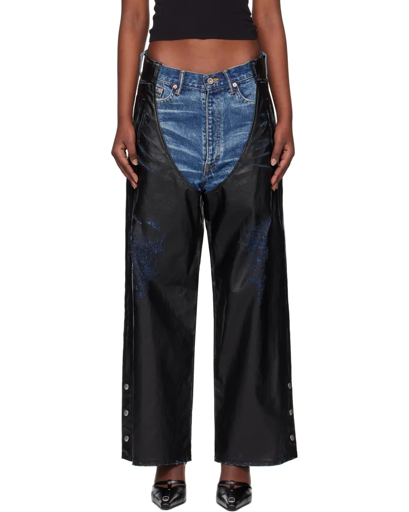 Doublet Blue & Black Faux-Leather Coating Chaps Jeans Black