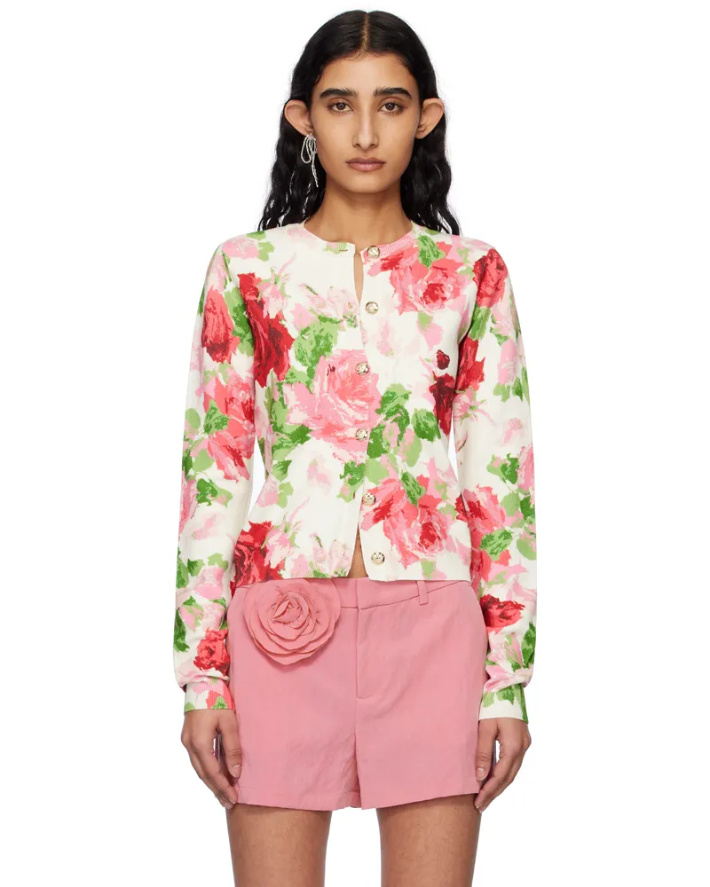 Blumarine Off-White & Pink Peony-Printed Viscose Cardigan F1026