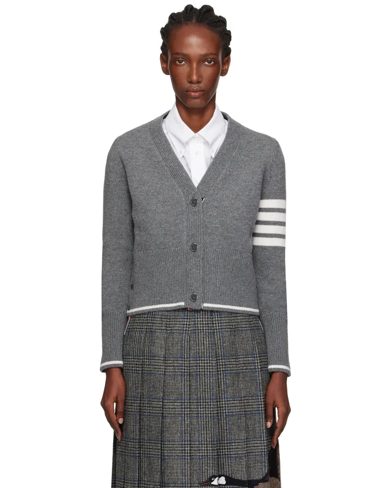 Thom Browne Gray Intarsia Geese 4-Bar V-Neck Cardigan 035
