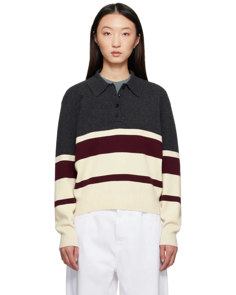 Róhe Gray & Burgundy Compact Knitted Striped Polo 982_466