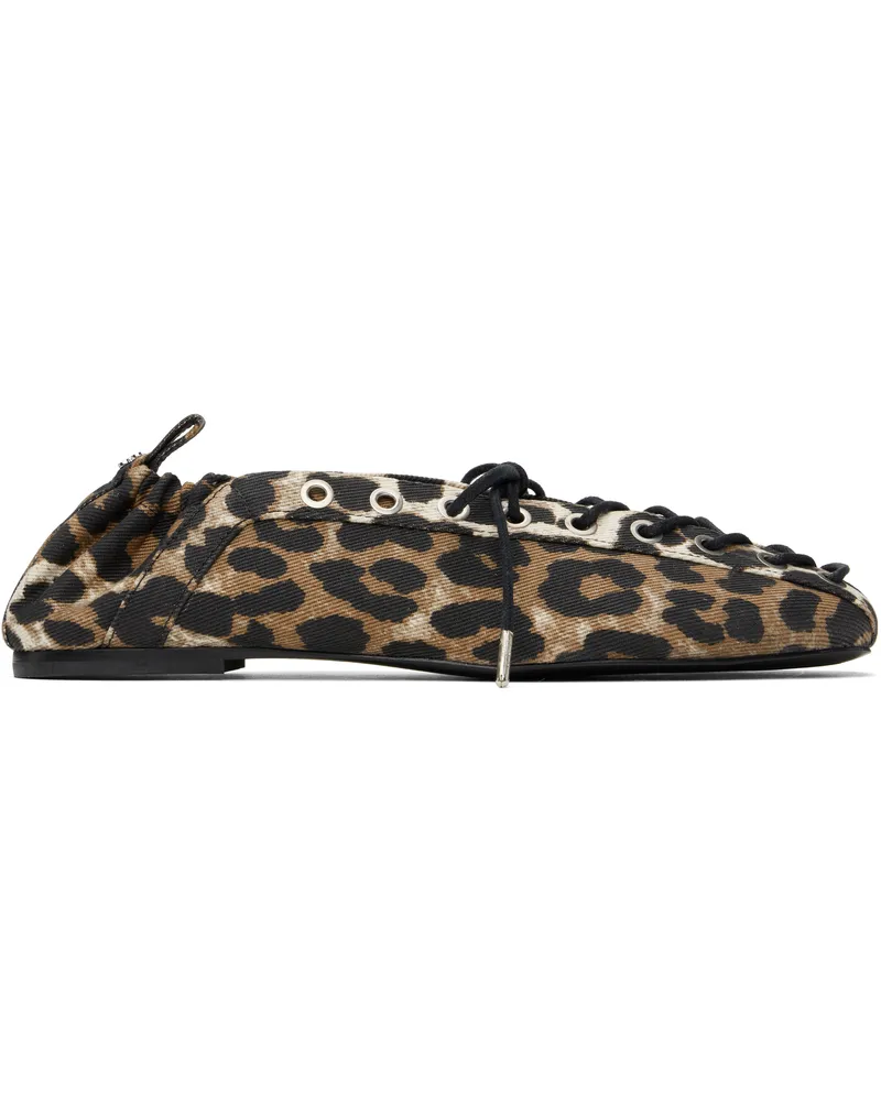 Ganni Brown Printed Denim Lace-Up Ballerina Flats 943