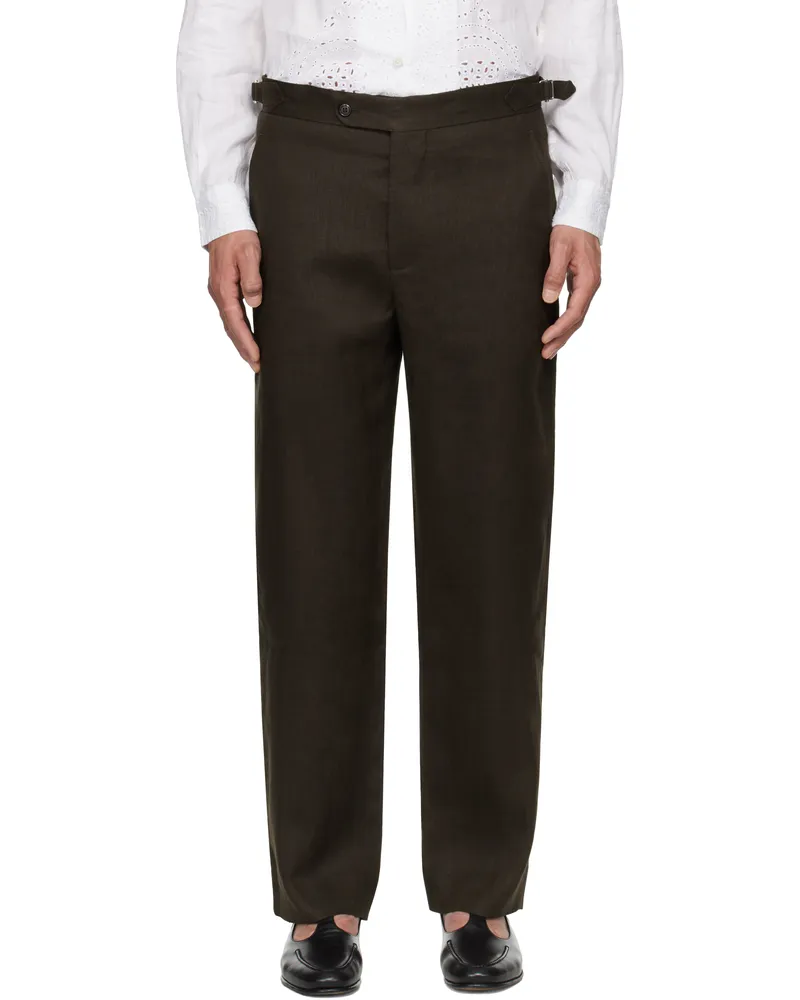 BODE Brown Lightweight Linen Side-Buckle Trousers Brown