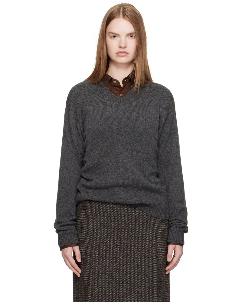 AURALEE Gray Light Cashmere Knit V-Neck Sweater Charcoal